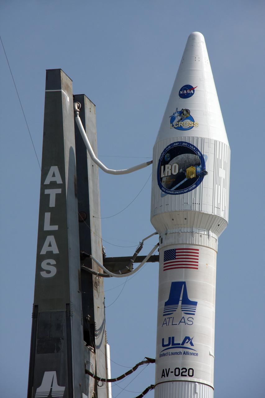 CAPE CANAVERAL, Fla. –  NASA's Lunar Reconnaissance Orbiter, or LRO, and NASA's Lunar Crater Observation and Sensing Satellite, known as LCROSS, stand ready for liftoff on an Atlas V/Centaur rocket from Launch Pad 41 at Cape Canaveral Air Force Station in Florida.   LRO and LCROSS are the first missions in NASA's plan to return humans to the moon and begin establishing a lunar outpost by 2020. The LRO also includes seven  instruments that will help NASA characterize the moon's surface:  DIVINER, LAMP, LEND, LOLA , CRATER, Mini-RF and LROC.   Launch is scheduled for 5:12 p.m. EDT June 18.  Photo credit: NASA/Ken Thornsley