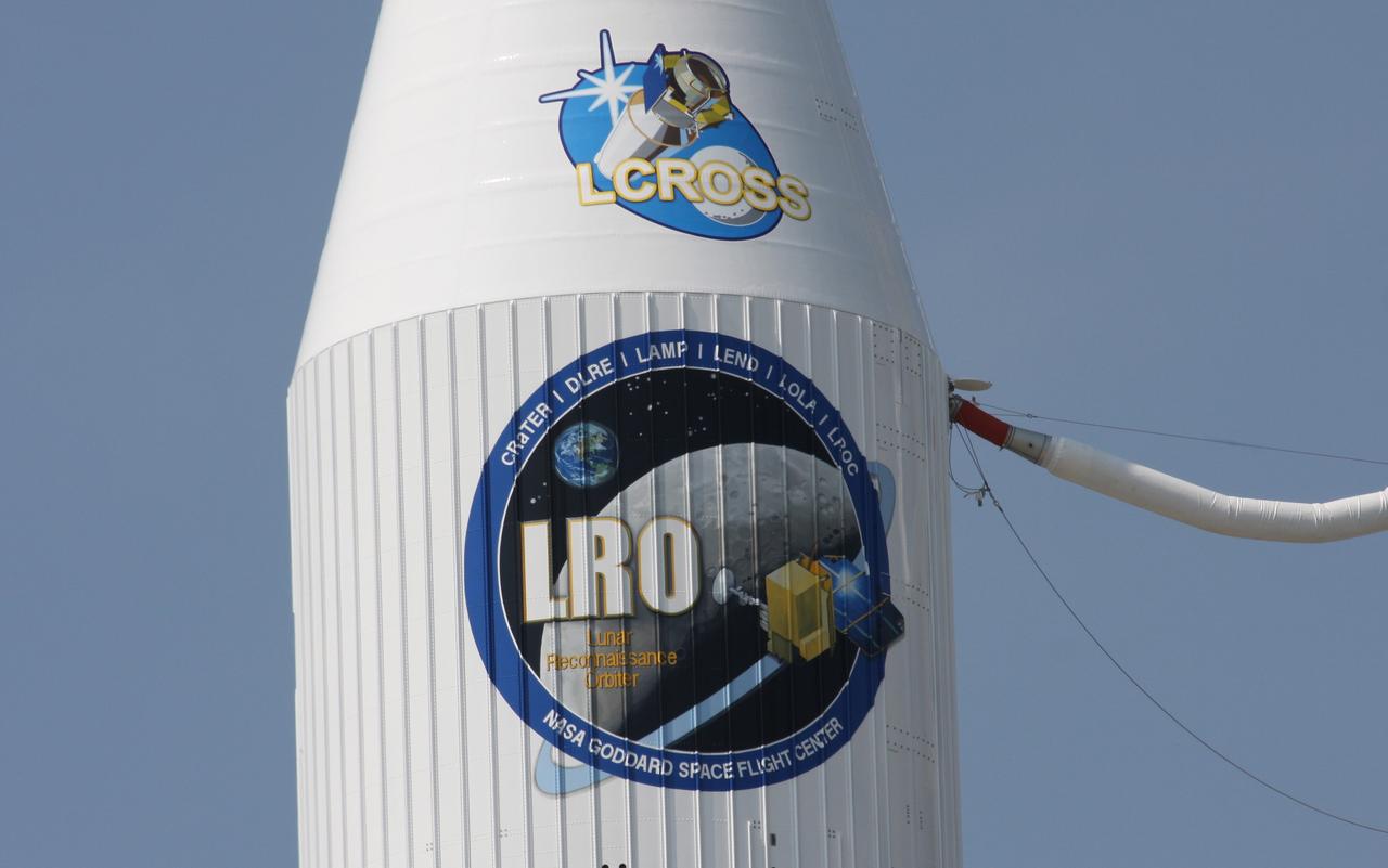 CAPE CANAVERAL, Fla. – A closeup of NASA's Lunar Reconnaissance Orbiter, or LRO, and NASA's Lunar Crater Observation and Sensing Satellite, known as LCROSS, ready for liftoff on an Atlas V/Centaur rocket from Launch Pad 41 at Cape Canaveral Air Force Station in Florida. LRO and LCROSS are the first missions in NASA's plan to return humans to the moon and begin establishing a lunar outpost by 2020. The LRO also includes seven  instruments that will help NASA characterize the moon's surface:  DIVINER, LAMP, LEND, LOLA , CRATER, Mini-RF and LROC.   Launch is scheduled for 5:12 p.m. EDT June 18.  Photo credit: NASA/Ken Thornsley