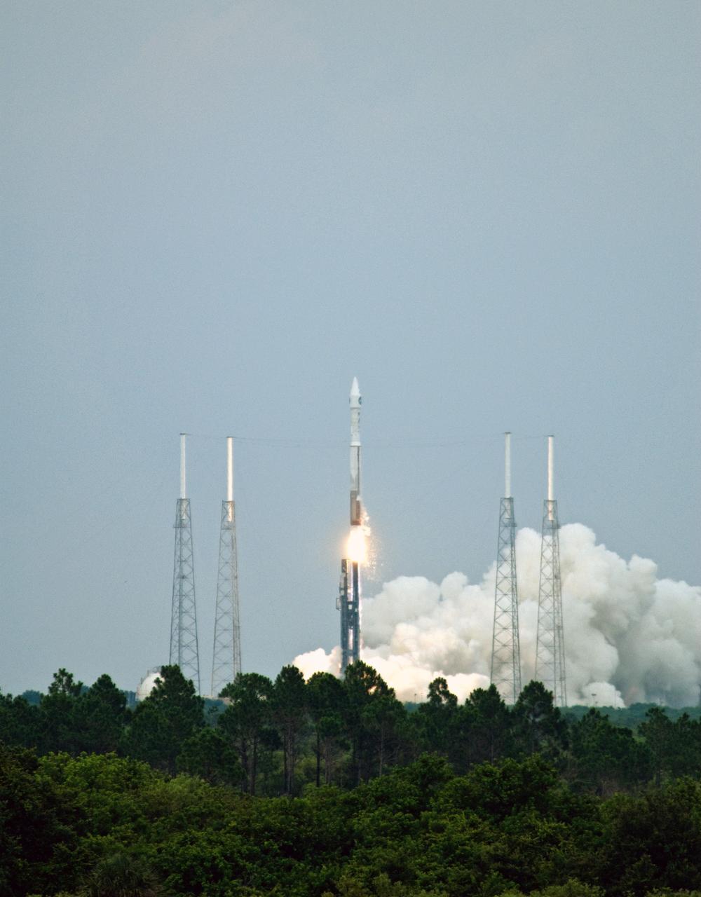 CAPE CANAVERAL, Fla. – NASA's Lunar Reconnaissance Orbiter, or LRO, and NASA's Lunar Crater Observation and Sensing Satellite, known as LCROSS, lifts off from Launch Pad 41 at Cape Canaveral Air Force Station in Florida.  LRO and LCROSS are the first missions in NASA's plan to return humans to the moon and begin establishing a lunar outpost by 2020. The LRO also includes seven instruments that will help NASA characterize the moon's surface:  DIVINER, LAMP, LEND, LOLA , CRATER, Mini-RF and LROC.   Launch was on-time at 5:32 p.m. EDT June 18.  Photo credit: NASA/Sandra Joseph