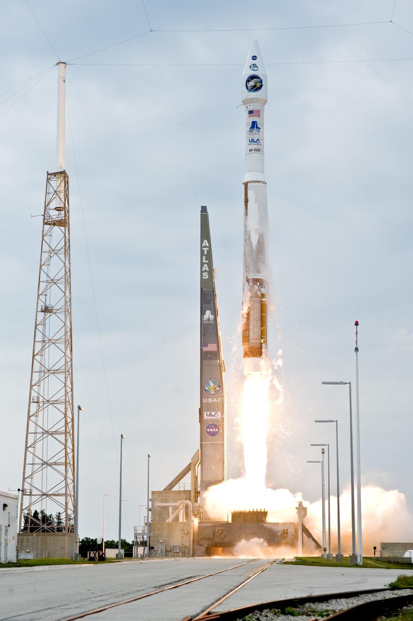 CAPE CANAVERAL, Fla. – Trailing a column of fire, the Atlas V/Centaur carrying NASA's Lunar Reconnaissance Orbiter, or LRO, and NASA's Lunar Crater Observation and Sensing Satellite, known as LCROSS, hurtles off Launch Complex 41 at Cape Canaveral Air Force Station in Florida.   LRO and LCROSS are the first missions in NASA's plan to return humans to the moon and begin establishing a lunar outpost by 2020. The LRO also includes seven instruments that will help NASA characterize the moon's surface:  DIVINER, LAMP, LEND, LOLA , CRATER, Mini-RF and LROC.  Launch was on-time at 5:32 p.m. EDT.  Photo credit: NASA/Tom Farrar, Kevin O'Connell