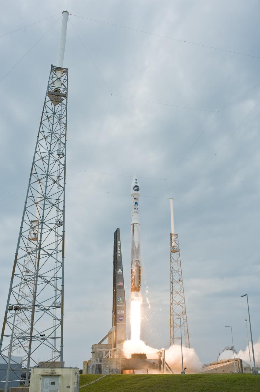 CAPE CANAVERAL, Fla. – Trailing a column of fire, the Atlas V/Centaur carrying NASA's Lunar Reconnaissance Orbiter, or LRO, and NASA's Lunar Crater Observation and Sensing Satellite, known as LCROSS, hurtles off Launch Complex 41 at Cape Canaveral Air Force Station in Florida.  LRO and LCROSS are the first missions in NASA's plan to return humans to the moon and begin establishing a lunar outpost by 2020. The LRO also includes seven instruments that will help NASA characterize the moon's surface:  DIVINER, LAMP, LEND, LOLA , CRATER, Mini-RF and LROC.  Launch was on-time at 5:32 p.m. EDT.  Photo credit: NASA/Tom Farrar, Kevin O'Connell