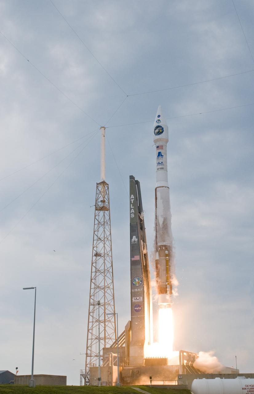 CAPE CANAVERAL, Fla. – Trailing a column of fire, the Atlas V/Centaur carrying NASA's Lunar Reconnaissance Orbiter, or LRO, and NASA's Lunar Crater Observation and Sensing Satellite, known as LCROSS, hurtles off Launch Complex 41 at Cape Canaveral Air Force Station in Florida. LRO and LCROSS are the first missions in NASA's plan to return humans to the moon and begin establishing a lunar outpost by 2020. The LRO also includes seven instruments that will help NASA characterize the moon's surface:  DIVINER, LAMP, LEND, LOLA , CRATER, Mini-RF and LROC.  Launch was on-time at 5:32 p.m. EDT.  Photo credit: NASA/Sandra Joseph, Tony Gray