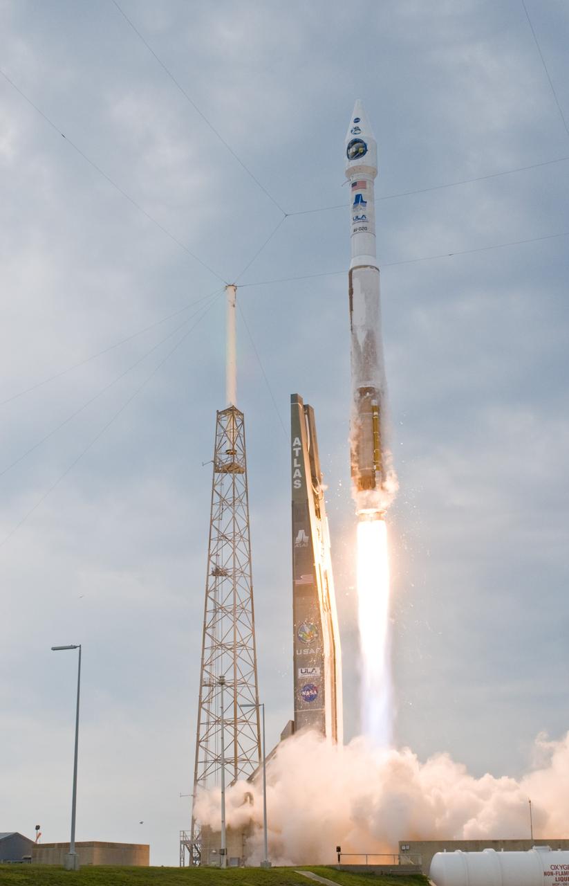 CAPE CANAVERAL, Fla. – Trailing a column of fire, the Atlas V/Centaur carrying NASA's Lunar Reconnaissance Orbiter, or LRO, and NASA's Lunar Crater Observation and Sensing Satellite, known as LCROSS, hurtles off Launch Complex 41 at Cape Canaveral Air Force Station in Florida. LRO and LCROSS are the first missions in NASA's plan to return humans to the moon and begin establishing a lunar outpost by 2020. The LRO also includes seven instruments that will help NASA characterize the moon's surface:  DIVINER, LAMP, LEND, LOLA , CRATER, Mini-RF and LROC.  Launch was on-time at 5:32 p.m. EDT.  Photo credit: NASA/Sandra Joseph, Tony Gray