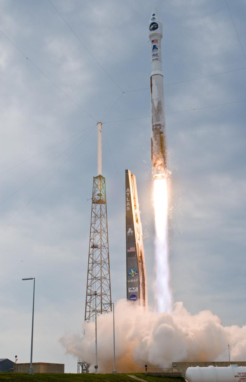 CAPE CANAVERAL, Fla. – Trailing a column of fire, the Atlas V/Centaur carrying NASA's Lunar Reconnaissance Orbiter, or LRO, and NASA's Lunar Crater Observation and Sensing Satellite, known as LCROSS, races above the lightning tower at left on Launch Complex 41 at Cape Canaveral Air Force Station in Florida.  LRO and LCROSS are the first missions in NASA's plan to return humans to the moon and begin establishing a lunar outpost by 2020. The LRO also includes seven instruments that will help NASA characterize the moon's surface:  DIVINER, LAMP, LEND, LOLA , CRATER, Mini-RF and LROC.  Launch was on-time at 5:32 p.m. EDT.  Photo credit: NASA/Sandra Joseph, Tony Gray