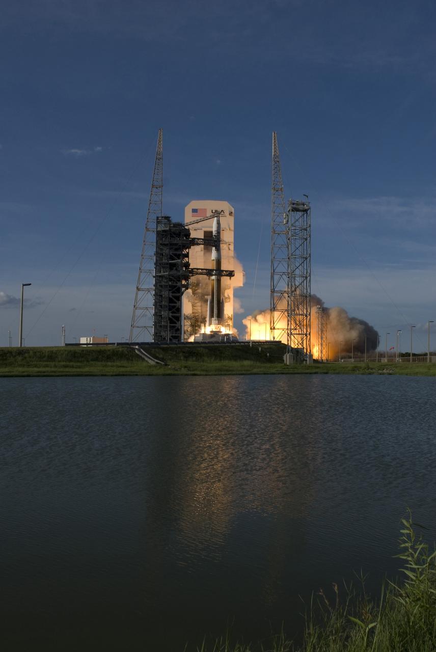 CAPE CANAVERAL, Fla. – The light from engine ignition is reflected in the water near Launch Complex 37 at Cape Canaveral Air Force Station in Florida as a Delta IV rocket begins its climb into the sky with the GOES-O satellite aboard.  Liftoff was at 6:51 p.m. EDT. The first attempt to launch GOES-O, on June 26, was scrubbed due to thunderstorms in the vicinity of Cape Canaveral. The latest Geostationary Operational Environmental Satellite, GOES-O was developed by NASA for the National Oceanic and Atmospheric Administration, or NOAA. Each of the GOES satellites continuously provides observations of 60 percent of the Earth including the continental United States, providing weather monitoring and forecast operations as well as a continuous and reliable stream of environmental information and severe weather warnings. Once in orbit, GOES-O will be designated GOES-14, and NASA will provide on-orbit checkout and then transfer operational responsibility to NOAA.    Photo credit: NASA/Tony Gray