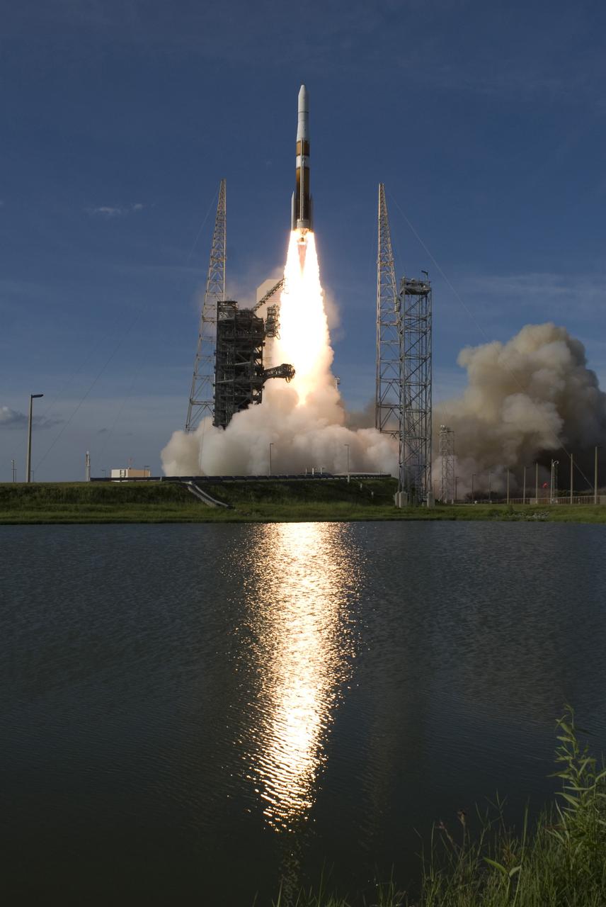CAPE CANAVERAL, Fla. – The light from engine ignition is reflected in the water near Launch Complex 37 at Cape Canaveral Air Force Station in Florida as a Delta IV rocket soars into the sky with the GOES-O satellite aboard.  Liftoff was at 6:51 p.m. EDT. The first attempt to launch GOES-O, on June 26, was scrubbed due to thunderstorms in the vicinity of Cape Canaveral. The latest Geostationary Operational Environmental Satellite, GOES-O was developed by NASA for the National Oceanic and Atmospheric Administration, or NOAA. Each of the GOES satellites continuously provides observations of 60 percent of the Earth including the continental United States, providing weather monitoring and forecast operations as well as a continuous and reliable stream of environmental information and severe weather warnings. Once in orbit, GOES-O will be designated GOES-14, and NASA will provide on-orbit checkout and then transfer operational responsibility to NOAA.    Photo credit: NASA/Tony Gray