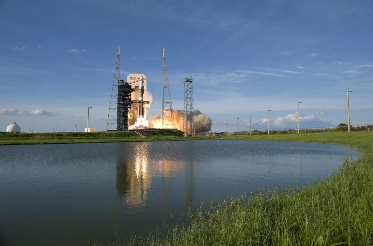 CAPE CANAVERAL, Fla. – The light from engine ignition is reflected in the water near Launch Complex 37 at Cape Canaveral Air Force Station in Florida as a Delta IV rocket begins its climb into the sky with the GOES-O satellite aboard.  Liftoff was at 6:51 p.m. EDT. The first attempt to launch GOES-O, on June 26, was scrubbed due to thunderstorms in the vicinity of Cape Canaveral. The latest Geostationary Operational Environmental Satellite, GOES-O was developed by NASA for the National Oceanic and Atmospheric Administration, or NOAA. Each of the GOES satellites continuously provides observations of 60 percent of the Earth including the continental United States, providing weather monitoring and forecast operations as well as a continuous and reliable stream of environmental information and severe weather warnings. Once in orbit, GOES-O will be designated GOES-14, and NASA will provide on-orbit checkout and then transfer operational responsibility to NOAA.    Photo credit: NASA/Tom Farrar, Sandy Joseph