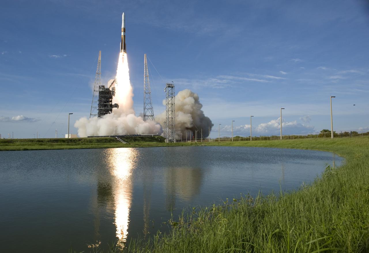 CAPE CANAVERAL, Fla. – The light from engine ignition is reflected in the water near Launch Complex 37 at Cape Canaveral Air Force Station in Florida as a Delta IV rocket clears the tower with the GOES-O satellite aboard.  Liftoff was at 6:51 p.m. EDT.  The first attempt to launch GOES-O, on June 26, was scrubbed due to thunderstorms in the vicinity of Cape Canaveral. The latest Geostationary Operational Environmental Satellite, GOES-O was developed by NASA for the National Oceanic and Atmospheric Administration, or NOAA. Each of the GOES satellites continuously provides observations of 60 percent of the Earth including the continental United States, providing weather monitoring and forecast operations as well as a continuous and reliable stream of environmental information and severe weather warnings. Once in orbit, GOES-O will be designated GOES-14, and NASA will provide on-orbit checkout and then transfer operational responsibility to NOAA.    Photo credit: NASA/Tom Farrar, Sandy Joseph