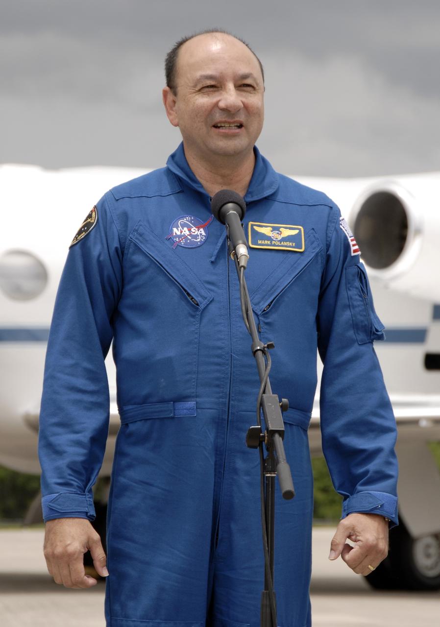 CAPE CANAVERAL, Fla. – After arriving at NASA's Kennedy Space Center in Florida to prepare for space shuttle Endeavour's July 11 launch on the 29th assembly flight to the International Space Station, Commander Mark Polansky greets the media.  Polansky commented that the crew was eager and ready to get to work. This will be the third launch attempt due to the leak of hydrogen gas at the Ground Umbilical Carrier Plate during tanking on two previous attempts, June 13 and June 17. The STS-127 mission is the final of three flights dedicated to the assembly of the Japan Aerospace Exploration Agency's Kibo laboratory complex. Endeavour will deliver the Japanese Experiment Module's Exposed Facility, or JEM-EF, and the Experiment Logistics Module-Exposed Section, or ELM-ES.  Photo credit: NASA/Kim Shiflett