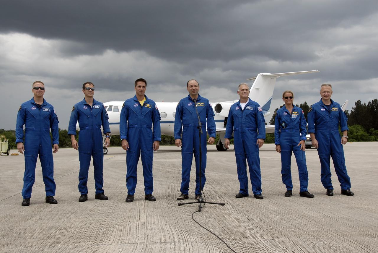CAPE CANAVERAL, Fla. – After arriving at NASA's Kennedy Space Center in Florida to prepare for space shuttle Endeavour's July 11 launch on the 29th assembly flight to the International Space Station, the STS-127 crew members line up to greet the media. From left are Mission Specialists Tim Kopra, Tom Marshburn and Christopher Cassidy, Commander Mark Polansky, Mission Specialists Dave Wolf and Julie Payette, and Pilot Doug Hurley. Kopra is making his first shuttle flight and will remain on the International Space Station as the Expedition 20 flight engineer. Payette is with the Canadian Space Agency. This will be the third launch attempt due to the leak of hydrogen gas at the Ground Umbilical Carrier Plate during tanking on two previous attempts, June 13 and June 17. The STS-127 mission is the final of three flights dedicated to the assembly of the Japan Aerospace Exploration Agency's Kibo laboratory complex. Endeavour will deliver the Japanese Experiment Module's Exposed Facility, or JEM-EF, and the Experiment Logistics Module-Exposed Section, or ELM-ES. Photo credit: NASA/Kim Shiflett