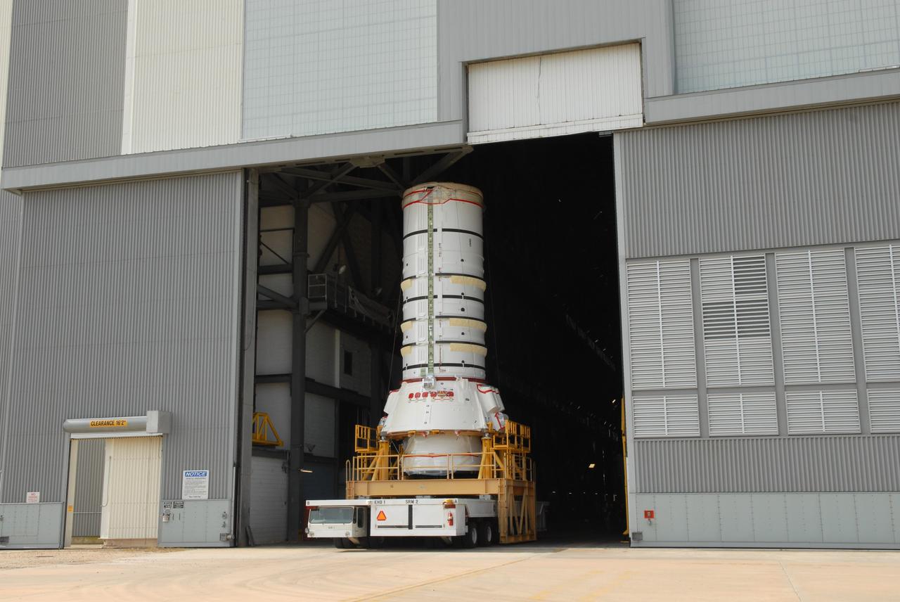 CAPE CANAVERAL, Fla. – The Ares I-X aft assembly moves inside the Vehicle Assembly Building at NASA's Kennedy Space Center in Florida. It will be stacked with other segments to complete the Ares I-X test vehicle.The aft assembly will be the first segment to be stacked on the mobile launch platform in the VAB. Part of the Constellation Program, the Ares I-X is the test vehicle for the Ares I, which is the essential core of a space transportation system that eventually will carry crewed missions back to the moon, on to Mars and out into the solar system. The Ares I-X flight test is targeted no earlier than Aug. 30 from Launch Pad 39B. Photo credit: NASA/Jim Grossmann