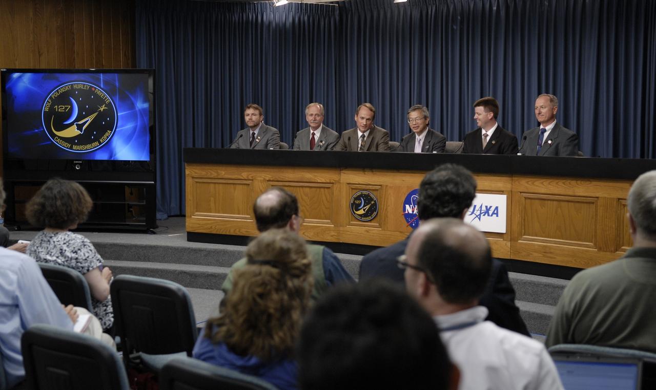CAPE CANAVERAL, Fla. –  Answering questions from the media at a press conference held at NASA's Kennedy Space Center in Florida are (second from left) Associate Administrator for NASA's Space Operations Directorate William  Gerstenmaier, Canadian Space Agency President Steve MacLean, Japan Aerospace Exploration Agency Executive Director of Human Space Systems and Utilization Kuniaki Shiraki, Shuttle Launch Integration Manager Mike Moses and STS-127 Shuttle Launch Director Pete Nickolenko.  At far left is moderator John Yembrick from NASA Public Affairs.  The conference followed the successful launch of space shuttle Endeavour on the STS-127 mission. This was the sixth launch attempt for the STS-127 mission.  The launch was scrubbed on June 13 and June 17 when a hydrogen gas leak occurred during tanking due to a misaligned Ground Umbilical Carrier Plate.  The mission was postponed July 11, 12 and 13 due to weather conditions near the Shuttle Landing Facility at Kennedy that violated rules for launching, and lightning issues. Endeavour will deliver the Japanese Experiment Module's Exposed Facility and the Experiment Logistics Module-Exposed Section in the final of three flights dedicated to the assembly of the Japan Aerospace Exploration Agency's Kibo laboratory complex on the International Space Station.   Photo credit: NASA/Kim Shiflett