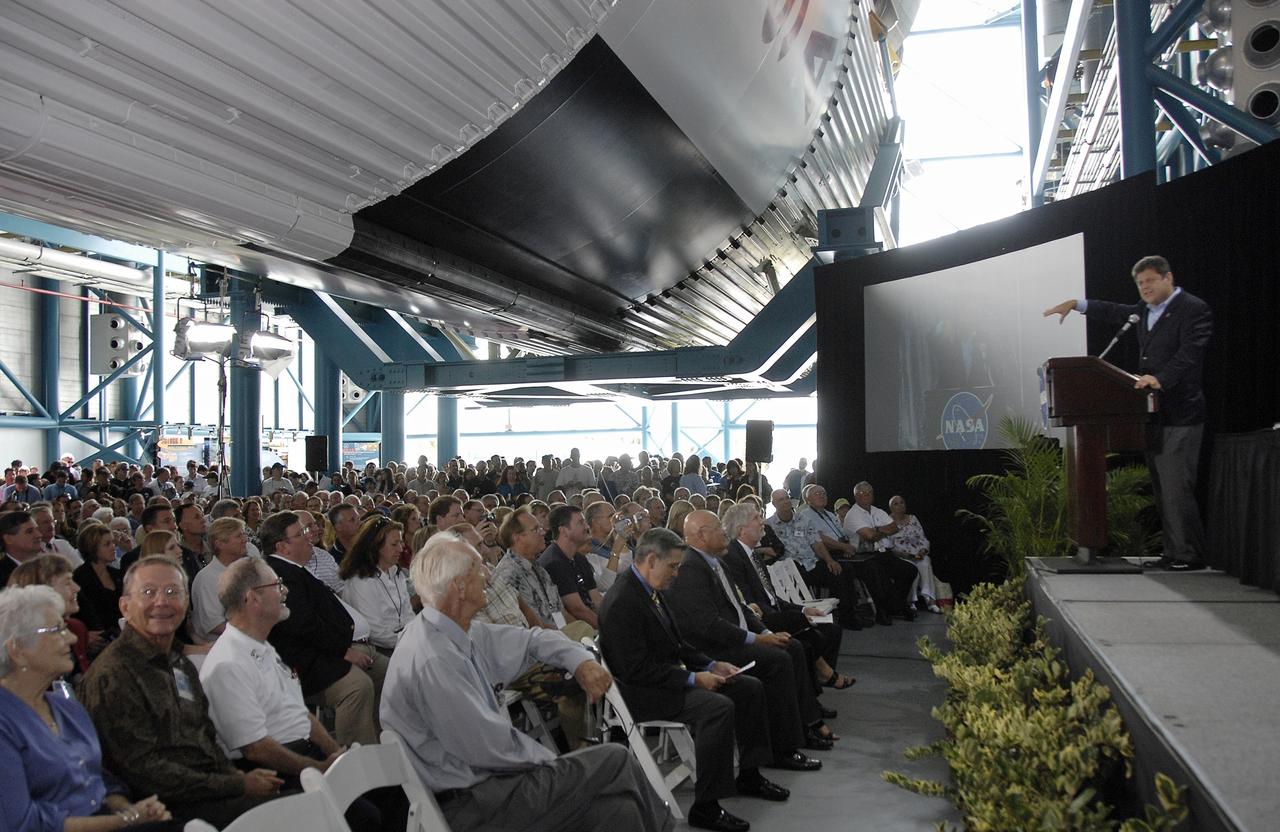 CAPE CANAVERAL, Fla. –  CNN correspondent John Zarella moderates the 40th Anniversary of Apollo Celebration held in the Apollo/Saturn V Center at NASA's Kennedy Space Center in Florida.  Celebrating the moon launch and landing in July 1969, eight Apollo astronauts shared their experiences with a crowd of guests. Photo credit: NASA/Kim Shiflett