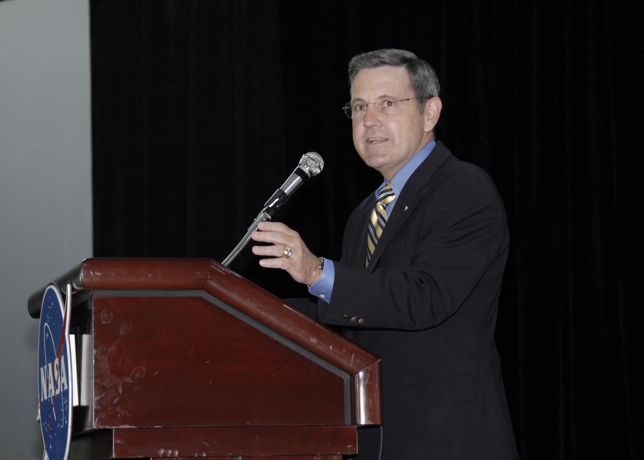 CAPE CANAVERAL, Fla. –  At NASA's Kennedy Space Center in Florida, Center Director Bob Cabana speaks to the audience gathered to celebrate NASA's 40th anniversary of the Apollo 11 launch and landing in July 1969. The event was held in the Apollo/Saturn V Center at Kennedy. Photo credit: NASA/Kim Shiflett
