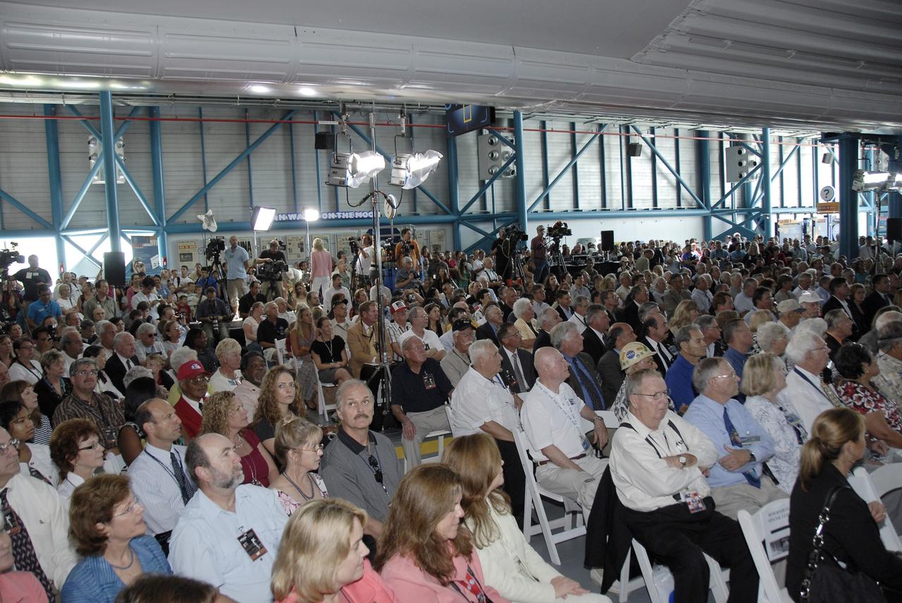 CAPE CANAVERAL, Fla. –  The Apollo/Saturn V Center at NASA's Kennedy Space Center in Florida is filled with guests gathered to hear about the Apollo 11 launch and landing in July 1969 from eight Apollo astronauts.  The event is part of NASA's 40th Anniversary of Apollo Celebration.  Photo credit: NASA/Kim Shiflett