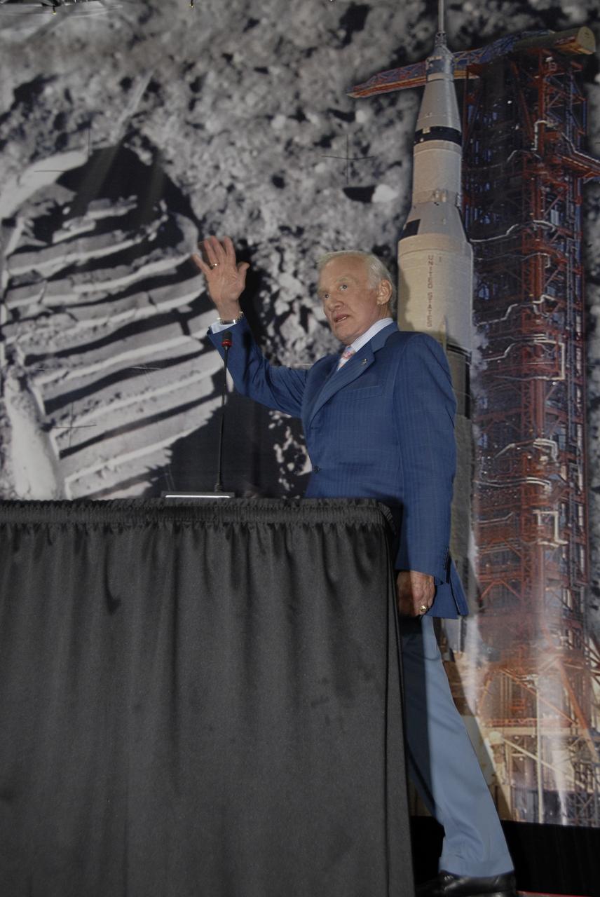 CAPE CANAVERAL, Fla. –  At the Apollo/Saturn V Center at NASA's Kennedy Space Center in Florida, Apollo astronaut Buzz Aldren is introduced during NASA's 40th Anniversary of Apollo Celebration. He was joined by seven others involved in the program. Aldrin walked on the moon during the first lunar landing, Apollo 11, on July 20, 1969.  Photo credit: NASA/Kim Shiflett