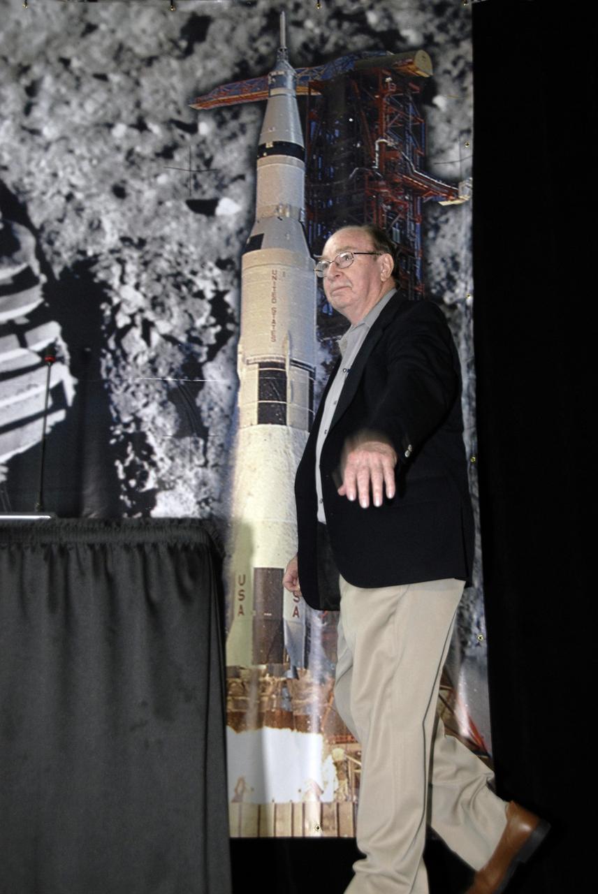 CAPE CANAVERAL, Fla. – At the Apollo/Saturn V Center at NASA's Kennedy Space Center in Florida, Apollo astronaut Edgar Mitchell is introduced during NASA's 40th Anniversary of Apollo Celebration of the July 1969 launch and landing on the moon. He was joined by seven others involved in the program. Mitchell walked on the moon on the Apollo 14 mission in 1971 and was backup lunar module pilot for Apollo 16. Photo credit: NASA/Kim Shiflett