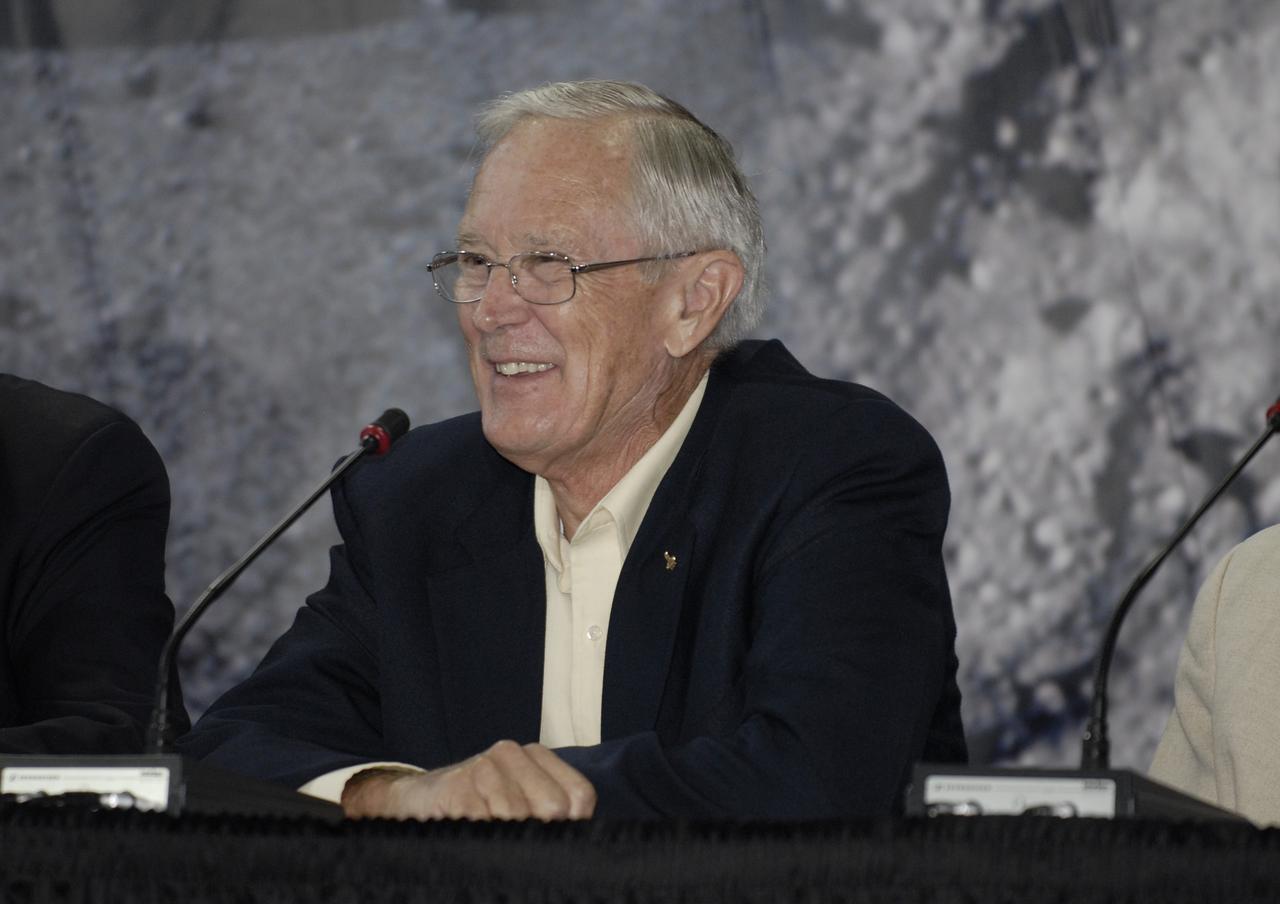 CAPE CANAVERAL, Fla. –  At the Apollo/Saturn V Center at NASA's Kennedy Space Center in Florida, Apollo astronaut Charlie Duke shares his experiences with spectators crowd gathered for NASA's 40th Anniversary of Apollo Celebration of the July 1969 launch and landing on the moon.  Duke served as lunar module pilot on Apollo 16 in 1972.  He and astronaut John Young set a record of 72 hours and 14 minutes on the lunar surface. Photo credit: NASA/Kim Shiflett