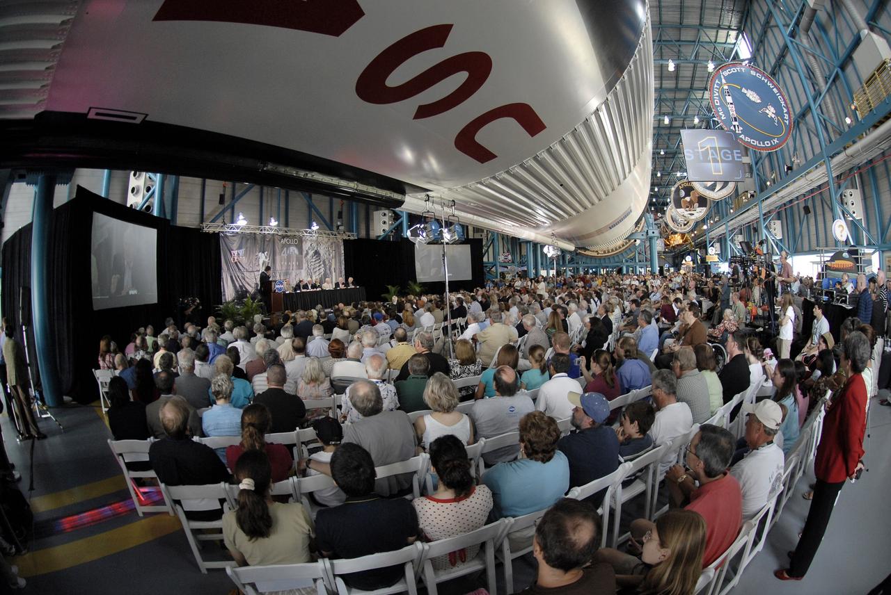 CAPE CANAVERAL, Fla. – The Apollo/Saturn V Center at NASA's Kennedy Space Center in Florida is filled with guests gathered to hear about the Apollo 11 launch and landing in July 1969 from eight Apollo astronauts: Buzz Aldrin, Walt Cunningham, Edgar Mitchell, Al Worden, Charlie Duke, Vance Brand, Gerald Carr and Bruce McCandless .  The event is part of NASA's 40th Anniversary of Apollo Celebration.  Photo credit: NASA/Kim Shiflett