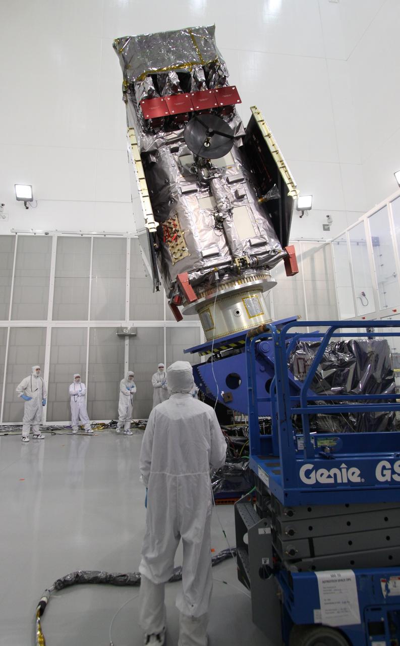 CAPE CANAVERAL, Fla. – At the Astrotech Payload Processing Facility in Titusville, Fla.,  the Solar Dynamics Observatory is  rotated on a Ransome table.  The rotation will allow access to different areas of the spacecraft.  SDO is the first space weather research network mission in NASA's Living With a Star Program.  The spacecraft's long-term measurements will give solar scientists in-depth information about changes in the sun's magnetic field and insight into how they affect Earth.  In preparation for its anticipated November launch, engineers will perform a battery of comprehensive tests to ensure SDO can withstand the stresses and vibrations of the launch itself, as well as what it will encounter in the space environment after launch.  Photo credit: NASA/Jack Pfaller
