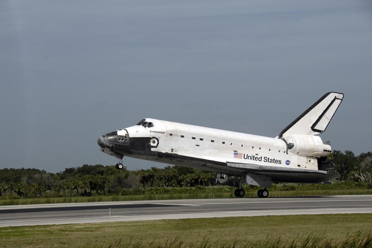 CAPE CANAVERAL, Fla. – The main landing gear of space shuttle Endeavour touches down on the pavement of Runway 15 at NASA's Kennedy Space Center in Florida, to complete the 16-day, 6.5-million mile journey on the STS-127 mission to the International Space Station. Endeavour landed on orbit 248. Main gear touchdown was at 10:48:08 a.m. EDT. Nose gear touchdown was at 10:48:21 a.m. and wheels stop was at 10:49:13 a.m. Endeavour delivered the Japanese Experiment Module's Exposed Facility and the Experiment Logistics Module-Exposed Section to the International Space Station. The mission was the 29th flight to the station, the 23rd flight of Endeavour and the 127th in the Space Shuttle Program, as well as the 71st landing at Kennedy. Photo credit: NASA/Kim Shiflett