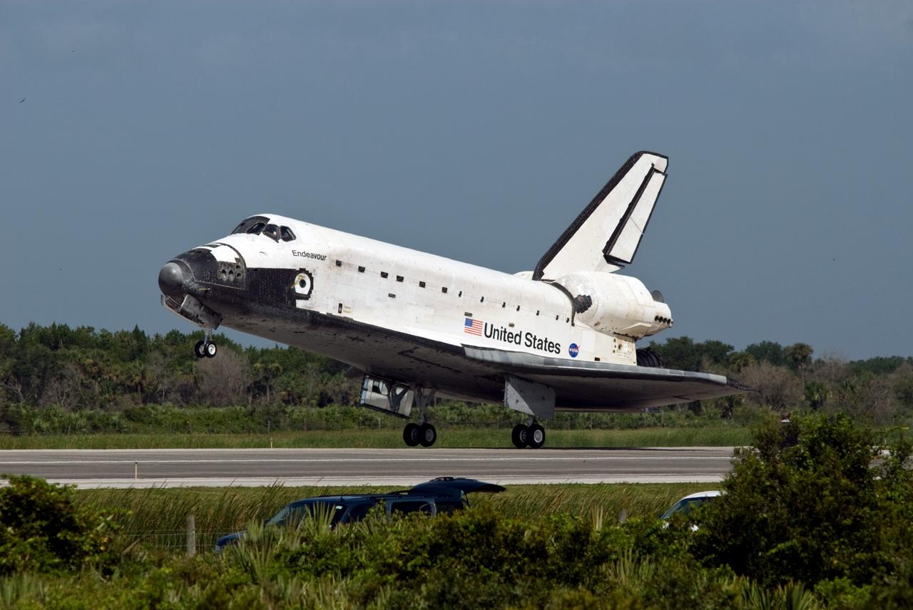 CAPE CANAVERAL, Fla. – Space Space shuttle Endeavour touches down on Runway 15 at NASA's Kennedy Space Center in Florida to complete the 16-day, 6.5-million mile journey on the STS-127 mission to the International Space Station. Endeavour landed on orbit 248.  Main gear touchdown was at 10:48:08 a.m. EDT. Nose gear touchdown was at 10:48:21 a.m. and wheels stop was at 10:49:13 a.m. Endeavour delivered the Japanese Experiment Module's Exposed Facility and the Experiment Logistics Module-Exposed Section to the International Space Station. The mission was the 29th flight to the station, the 23rd flight of Endeavour and the 127th in the Space Shuttle Program, as well as the 71st landing at Kennedy.  Photo credit: NASA/Kevin O'Connell