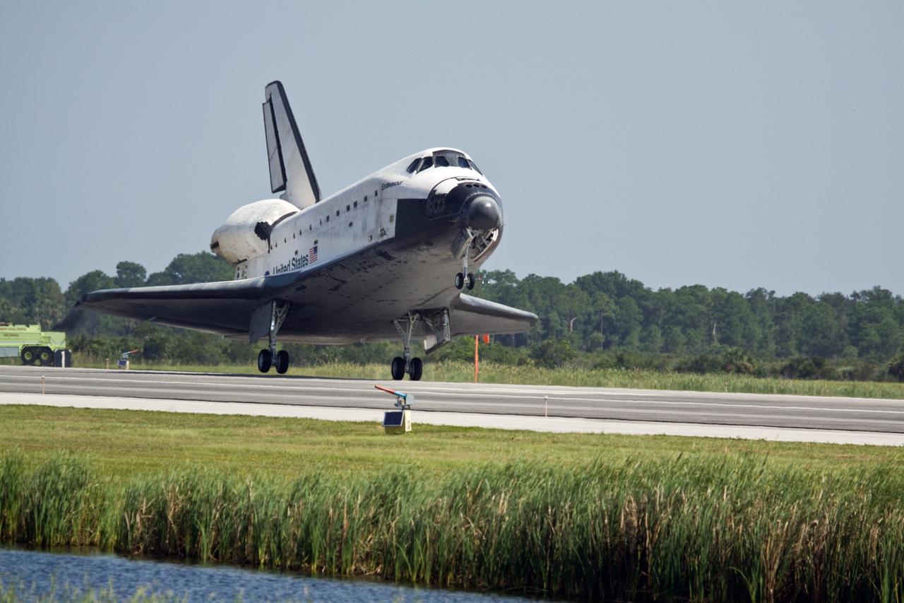 CAPE CANAVERAL, Fla. – Space shuttle Endeavour touches down on Runway 15 at NASA's Kennedy Space Center in Florida to complete the 16-day, 6.5-million mile journey on the STS-127 mission to the International Space Station. Endeavour landed on orbit 248. Main gear touchdown was at 10:48:08 a.m. EDT. Nose gear touchdown was at 10:48:21 a.m. and wheels stop was at 10:49:13 a.m. Endeavour delivered the Japanese Experiment Module's Exposed Facility and the Experiment Logistics Module-Exposed Section to the International Space Station. The mission was the 29th flight to the station, the 23rd flight of Endeavour and the 127th in the Space Shuttle Program, as well as the 71st landing at Kennedy.  Photo credit: NASA/Kenny Allen
