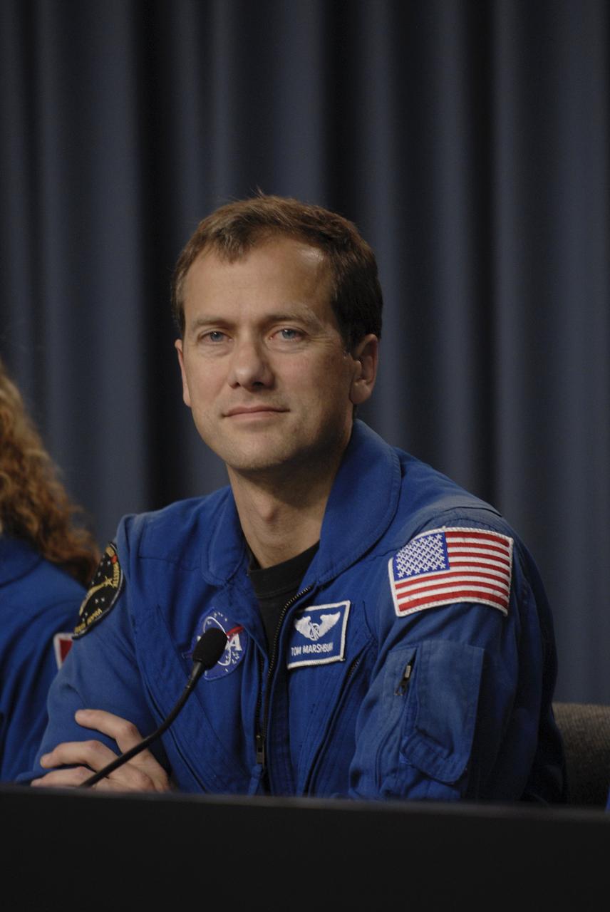 CAPE CANAVERAL, Fla. – At NASA's Kennedy Space Center in Florida, STS-127 Mission Specialist Tom Marshburn takes part in a news conference following the landing of space shuttle Endeavour.  The landing completed the 16-day, 6.5-million mile journey on the STS-127 mission. Endeavour delivered the Japanese Experiment Module's Exposed Facility and the Experiment Logistics Module-Exposed Section to the International Space Station. The mission was the 29th flight to the station, the 23rd flight of Endeavour and the 127th in the Space Shuttle Program, as well as the 71st landing at Kennedy.  Photo credit: NASA/Kim Shiflett