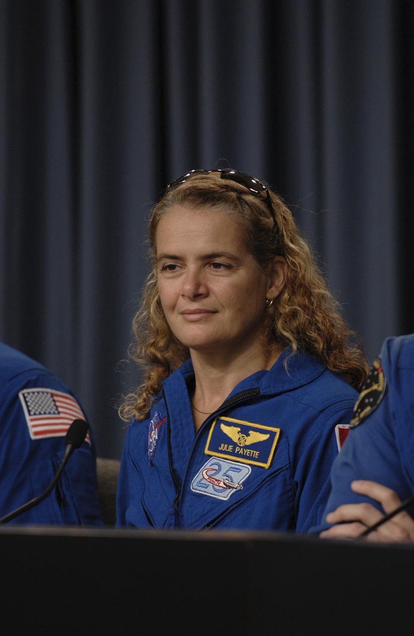 CAPE CANAVERAL, Fla. – At NASA's Kennedy Space Center in Florida, STS-127 Mission Specialist Julie Payette, who represents the Canadian Space Agency, takes part in a news conference following the landing of space shuttle Endeavour.  The landing completed the 16-day, 6.5-million mile journey on the STS-127 mission.  Endeavour delivered the Japanese Experiment Module's Exposed Facility and the Experiment Logistics Module-Exposed Section to the International Space Station. The mission was the 29th flight to the station, the 23rd flight of Endeavour and the 127th in the Space Shuttle Program, as well as the 71st landing at Kennedy.  Photo credit: NASA/Kim Shiflett