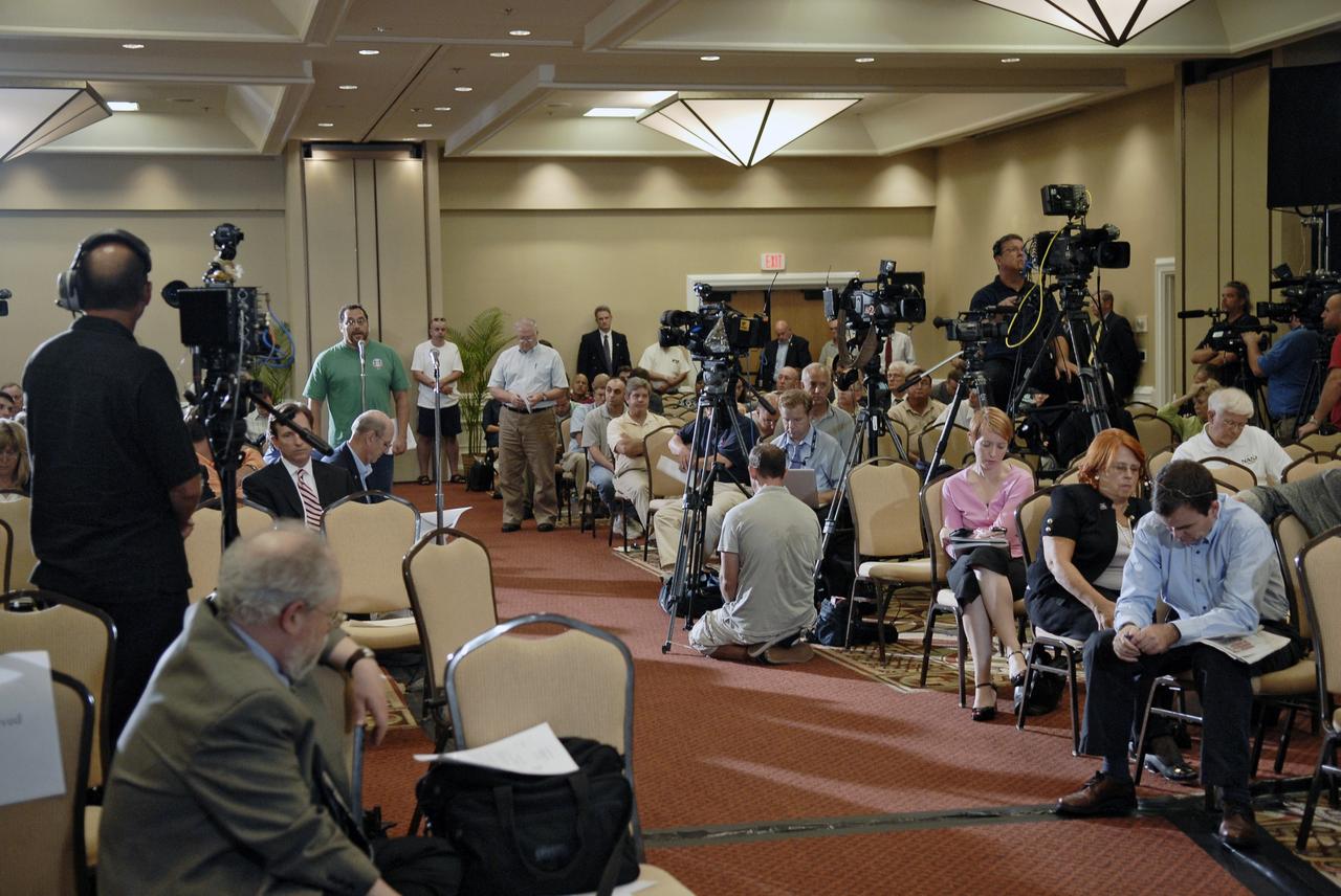 CAPE CANAVERAL, Fla. –  Media representatives and the public are gathered in the Hilton Hotel in Cocoa Beach, Fla., to question the Augustine Commission meeting there.  At the request of the Office of Science and Technology Policy, NASA established the Review of U.S. Human Space Flight Plans Committee, known as the Augustine Commission.  Chaired by Norman R. Augustine, retired chairman and CEO of Lockheed Martin Corp., the committee is conducting an independent review of ongoing U.S. human spaceflight plans and programs, as well as alternatives, to ensure the nation is pursuing the best trajectory for the future of human space flight - one that is safe, innovative, affordable, and sustainable.  Photo credit: NASA/Kim Shiflett