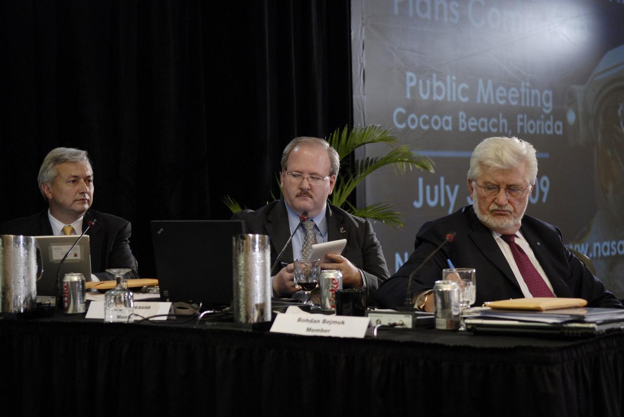 CAPE CANAVERAL, Fla. –  Members of the Augustine Commission are meeting in Cocoa Beach, Fla.  From left are Dr. Christopher Chyba, Professor of Astrophysical Sciences and international Affairs at Princeton University; Jeff Greason, co-founder and CEO of XCOR Aerospace; and Bohdan Bejmuk, chair of Constellation Program Standing Review Board.  At the request of the Office of Science and Technology Policy, NASA established the Review of U.S. Human Space Flight Plans Committee, known as the Augustine Commission.  Chaired by Norman R. Augustine, retired chairman and CEO of Lockheed Martin Corp., the committee is conducting an independent review of ongoing U.S. human spaceflight plans and programs, as well as alternatives, to ensure the nation is pursuing the best trajectory for the future of human space flight - one that is safe, innovative, affordable, and sustainable.  Photo credit: NASA/Kim Shiflett
