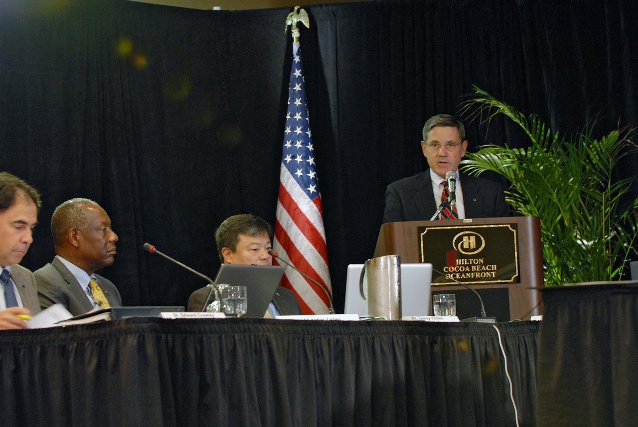 CAPE CANAVERAL, Fla. –  NASA Kennedy Space Center's Center Director Bob Cabana (right) speaks during the meeting of the Augustine Commission in Cocoa Beach, Fla.  At the conference table at left are members of the commission: Dr. Edward F. Crawley, Ford professor of engineering at MIT; General (ret.) Lester L. Lyles, chair of the National Academies Committee on the Rationale and Goals of the U.S. Civil Space Program; and former astronaut Dr. Leroy Chiao, former International Space Station commander and engineering consultant. At the request of the Office of Science and Technology Policy, NASA established the Review of U.S. Human Space Flight Plans Committee, known as the Augustine Commission.  Chaired by  Norman R. Augustine, retired chairman and CEO of Lockheed Martin Corp.,  the committee is conducting an independent review of ongoing U.S. human spaceflight plans and programs, as well as alternatives, to ensure the nation is pursuing the best trajectory for the future of human space flight - one that is safe, innovative, affordable, and sustainable.  Photo credit: NASA/Jim Grossmann