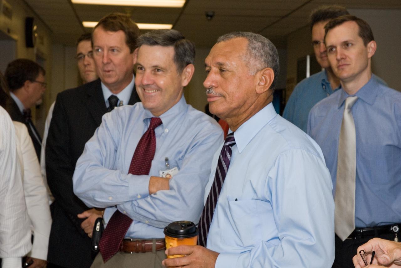 CAPE CANAVERAL, Fla. – At NASA's Kennedy Space Center in Florida, NASA Administrator Charles Bolden finishes his tour of the Launch Equipment Test Facility. Accompanying him are, from left, Bolden's aide Kirk Sander and Center Director Bob Cabana and, at right, Chief of Staff in the Office of the Administrator George Whitesides. Bolden is touring several facilities at Kennedy involved with NASA's Constellation Program. Bolden also was at Kennedy for several events, including the landing of space shuttle Endeavour's STS-127 mission and the signing of the joint NASA-Japan Aerospace Exploration Agency agreement defining the terms of cooperation between the agencies on the Global Precipitation Measurement, or GPM, mission. Photo credit: NASA/Kim Shiflett