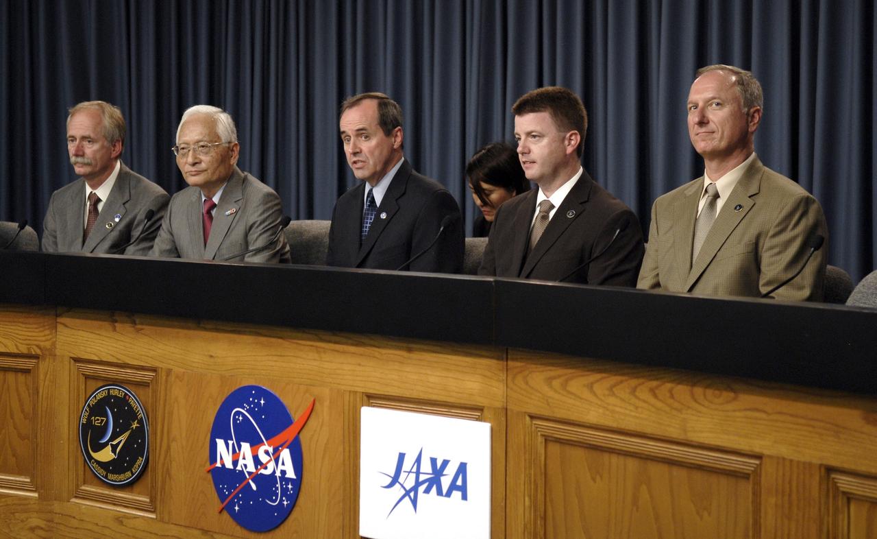 CAPE CANAVERAL, Fla. – At a post-landing news conference at NASA's Kennedy Space Center in Florida,  NASA Associate Administrator for Space Operations William Gerstenmaier, President of the Japan Aerospace Exploration Agency Keiji Tachikawa, Director General of Operations in the Canadian Space Agency Benoit Marcotte, space shuttle Launch Integration Manager Mike Moses and STS-127 Launch Director Pete Nickolenko comment about the STS-127 mission and space shuttle Endeavour's return to Earth at 10:48 a.m. EDT.   Endeavour delivered the Japanese Experiment Module's Exposed Facility and the Experiment Logistics Module-Exposed Section to the International Space Station. The mission was the 29th flight to the station, the 23rd flight of Endeavour and the 127th in the Space Shuttle Program, as well as the 71st landing at Kennedy.  Photo credit: NASA/Kim Shiflett