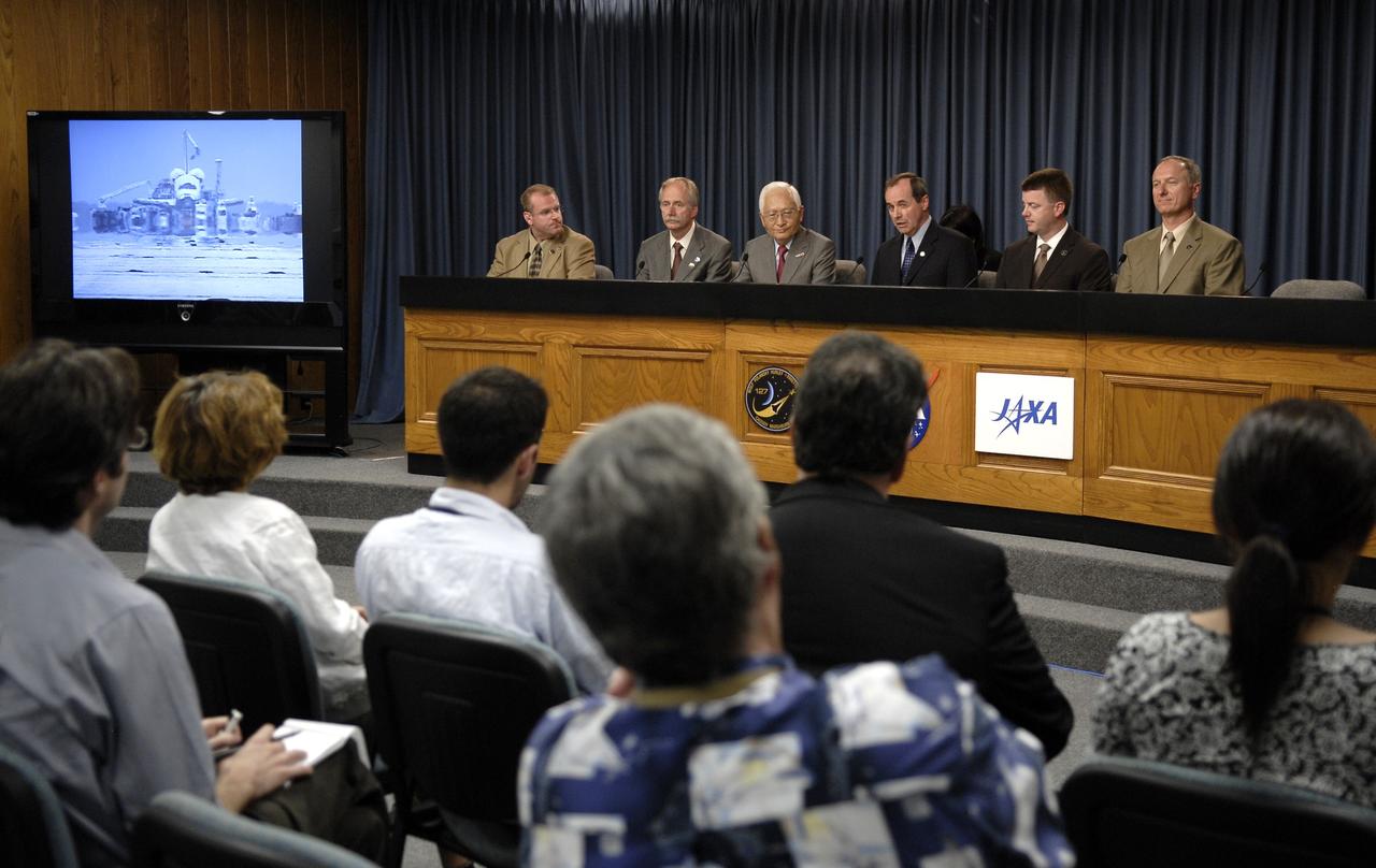 CAPE CANAVERAL, Fla. – At a post-landing news conference,  Public Affairs Officer Allard Beutel (far left) moderates the question-and-answer session with NASA Associate Administrator for Space Operations William Gerstenmaier, President of the Japan Aerospace Exploration Agency Keiji Tachikawa, Director General of  Operations in the Canadian Space Agency Benoit Marcotte, space shuttle Launch Integration Manager Mike Moses and STS-127 Launch Director Pete Nickolenko. Space shuttle Endeavour  and crew returned to Earth at 10:48 a.m. EDT to conclude the STS-127 mission.   Endeavour delivered the Japanese Experiment Module's Exposed Facility and the Experiment Logistics Module-Exposed Section to the International Space Station. The mission was the 29th flight to the station, the 23rd flight of Endeavour and the 127th in the Space Shuttle Program, as well as the 71st landing at Kennedy.  Photo credit: NASA/Kim Shiflett