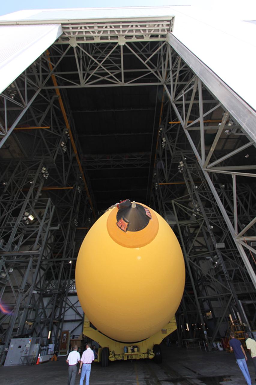 CAPE CANAVERAL, Fla. – At NASA's Kennedy Space Center in Florida, the external fuel tank designated ET-133 is moved into the transfer aisle of the Vehicle Assembly Building. In the VAB, the tank will be moved into a high bay for checkout. The tank was shipped aboard the Pegasus from NASA's Michoud Assembly Facility near New Orleans. Pegasus was towed to Port Canaveral by the Freedom Star Retrieval Ship. Launch of Atlantis is targeted for November. Photo credit: NASA/Troy Cryder