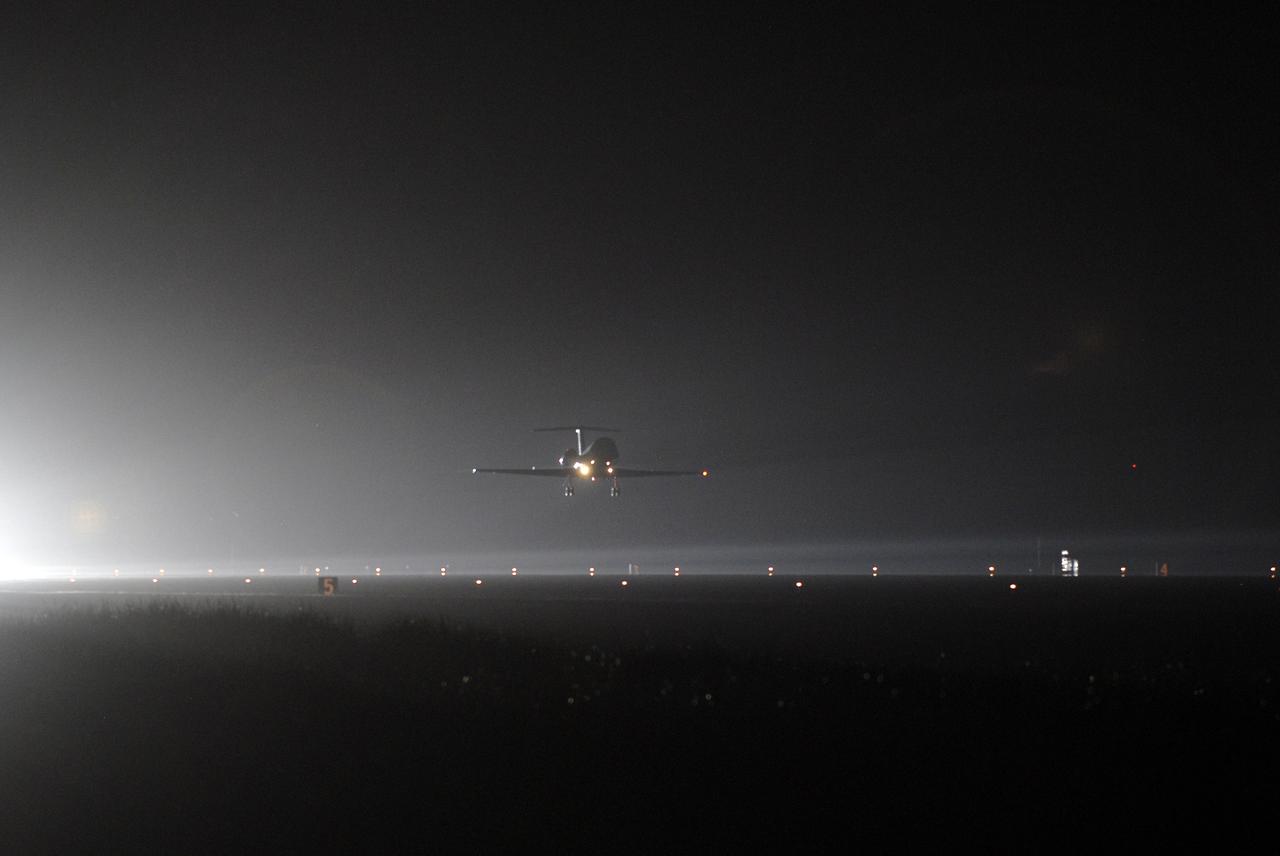 CAPE CANAVERAL, Fla. –At the Shuttle Landing Facility at NASA's Kennedy Space Center in Florida,  a Shuttle Training Aircraft, or STA, approaches the runway during landing practice.  STS-128 Commander Rick Sturckow and Pilot Kevin Ford are using the STAs to practice shuttle landings. The practice is in preparation for launch of space shuttle Discovery's STS-128 mission in late August to the International Space Station. The STA is a Grumman American Aviation-built Gulfstream II jet that was modified to simulate a shuttle’s cockpit, motion and visual cues, and handling qualities. The STS-128 crew is at Kennedy for a launch dress rehearsal called the terminal countdown demonstration test, or TCDT, which includes emergency exit training and equipment familiarization, as well as a simulated launch countdown.  Discovery will deliver 33,000 pounds of equipment to the station, including science and storage racks, a freezer to store research samples, a new sleeping compartment and the COLBERT treadmill. Photo credit: NASA/Kim Shiflett