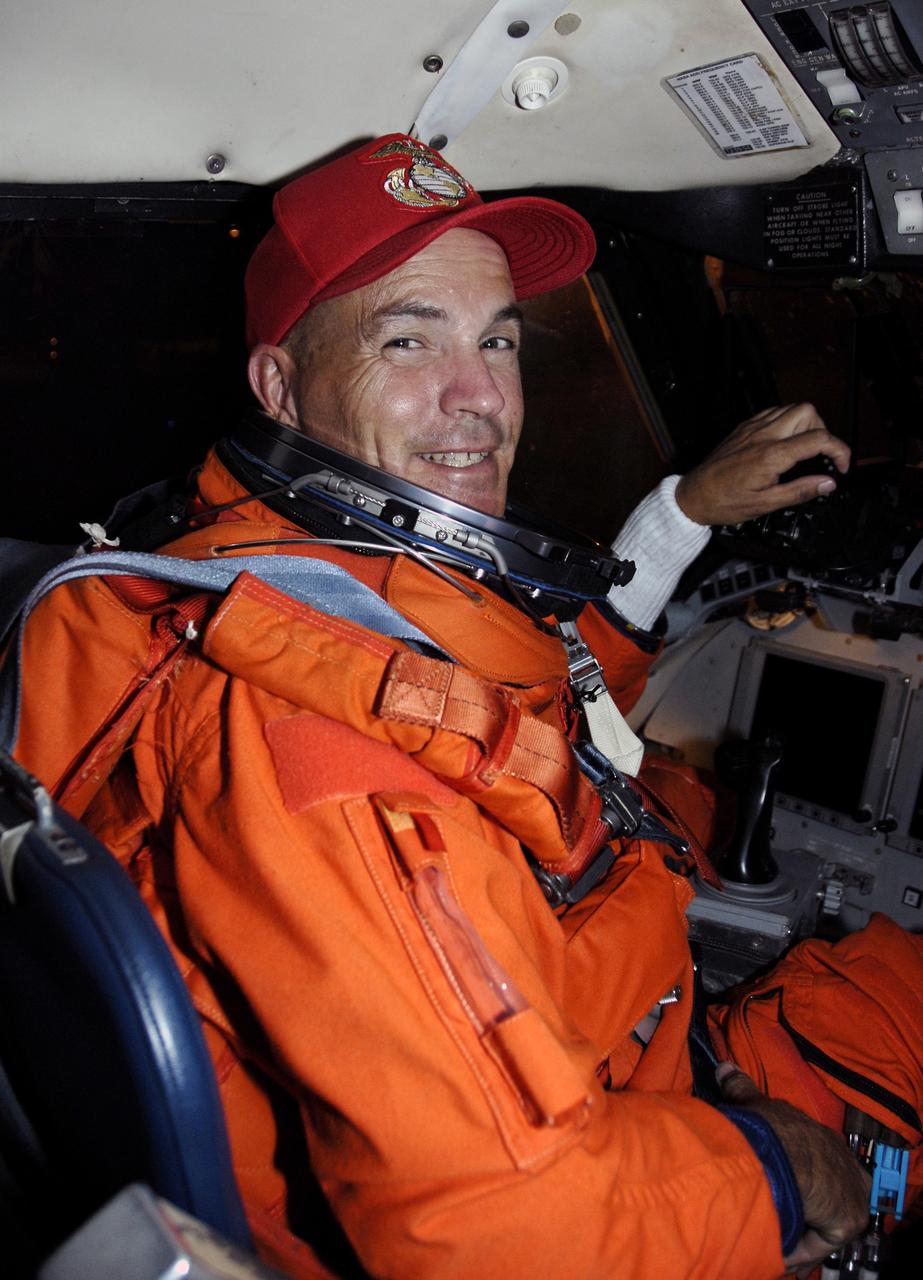 CAPE CANAVERAL, Fla. – At the Shuttle Landing Facility at NASA's Kennedy Space Center in Florida, STS-128 Commander Rick Sturckow completes shuttle landing practice in the Shuttle Training Aircraft, or STA. The practice is in preparation for launch of space shuttle Discovery's STS-128 mission in late August to the International Space Station. The STA is a Grumman American Aviation-built Gulfstream II jet that was modified to simulate a shuttle’s cockpit, motion and visual cues, and handling qualities. The STS-128 crew is at Kennedy for a launch dress rehearsal called the terminal countdown demonstration test, or TCDT, which includes emergency exit training and equipment familiarization, as well as a simulated launch countdown.  Discovery will deliver 33,000 pounds of equipment to the station, including science and storage racks, a freezer to store research samples, a new sleeping compartment and the COLBERT treadmill. Photo credit: NASA/Kim Shiflett