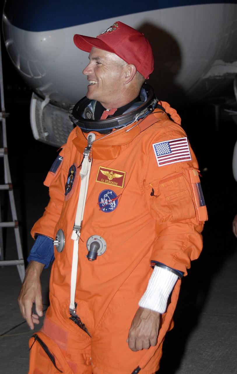 CAPE CANAVERAL, Fla. – At the Shuttle Landing Facility at NASA's Kennedy Space Center in Florida, STS-128 Commander Rick Sturckow is pleased with the shuttle landing practice he completed in the Shuttle Training Aircraft, or STA. The practice is in preparation for launch of space shuttle Discovery's STS-128 mission in late August to the International Space Station. The STA is a Grumman American Aviation-built Gulfstream II jet that was modified to simulate a shuttle’s cockpit, motion and visual cues, and handling qualities. The STS-128 crew is at Kennedy for a launch dress rehearsal called the terminal countdown demonstration test, or TCDT, which includes emergency exit training and equipment familiarization, as well as a simulated launch countdown.  Discovery will deliver 33,000 pounds of equipment to the station, including science and storage racks, a freezer to store research samples, a new sleeping compartment and the COLBERT treadmill. Photo credit: NASA/Kim Shiflett
