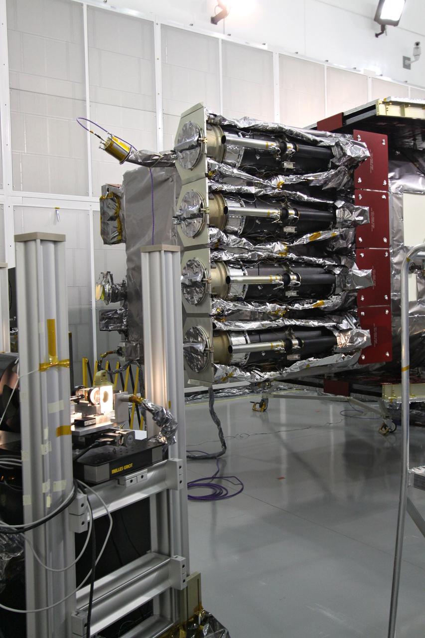 CAPE CANAVERAL, Fla. – At the Astrotech Space Operations facility in Titusville, Fla., the Solar Dynamics Observatory, or SDO, is undergoing performance testing.  Seen here is the Atmospheric Imaging Assembly.  All of the spacecraft science instruments are being tested in their last major evaluation before launch.  SDO is the first space weather research network mission in NASA's Living With a Star Program.  The spacecraft's long-term measurements will give solar scientists in-depth information about changes in the sun's magnetic field and insight into how they affect Earth.  In preparation for launch, engineers will perform a battery of comprehensive tests to ensure SDO can withstand the stresses and vibrations of the launch itself, as well as what it will encounter in the space environment after launch.  Liftoff on an Atlas V rocket is scheduled for Dec. 4.  Photo credit: NASA/Jack Pfaller