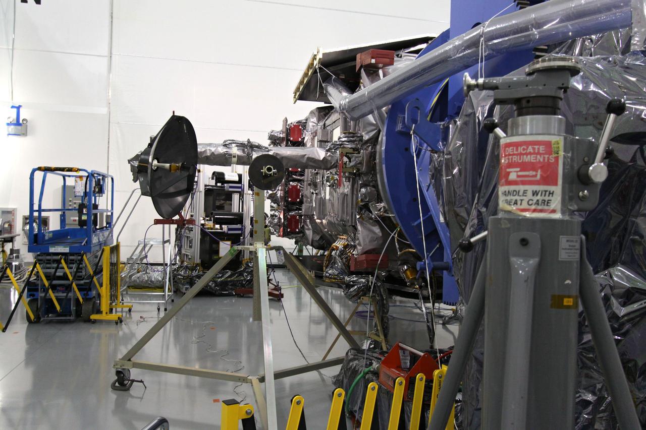 CAPE CANAVERAL, Fla. – At the Astrotech Space Operations facility in Titusville, Fla., the Solar Dynamics Observatory, or SDO, is moved, or gimbaled, during performance testing.  All of the spacecraft science instruments are being tested in their last major evaluation before launch.  SDO is the first space weather research network mission in NASA's Living With a Star Program.  The spacecraft's long-term measurements will give solar scientists in-depth information about changes in the sun's magnetic field and insight into how they affect Earth.  In preparation for launch, engineers will perform a battery of comprehensive tests to ensure SDO can withstand the stresses and vibrations of the launch itself, as well as what it will encounter in the space environment after launch.  Liftoff on an Atlas V rocket is scheduled for Dec. 4.  Photo credit: NASA/Jack Pfaller