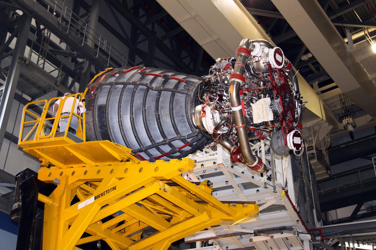 CAPE CANAVERAL, Fla. – In Orbiter Processing Bay 2 at NASA's Kennedy Space Center in Florida,  main engine no. 1 is removed from space shuttle Endeavour.  Engine removal is part of the post-landing processing; engine no. 2 was removed Aug. 17. Endeavour returned from the STS-127 mission July 31. Endeavour's next mission is STS-130 targeted for February 2010.  Endeavour will deliver to the International Space Station the Tranquility pressurized module that will provide room for many of the station's life support systems.   Photo credit: NASA/Jack Pfaller