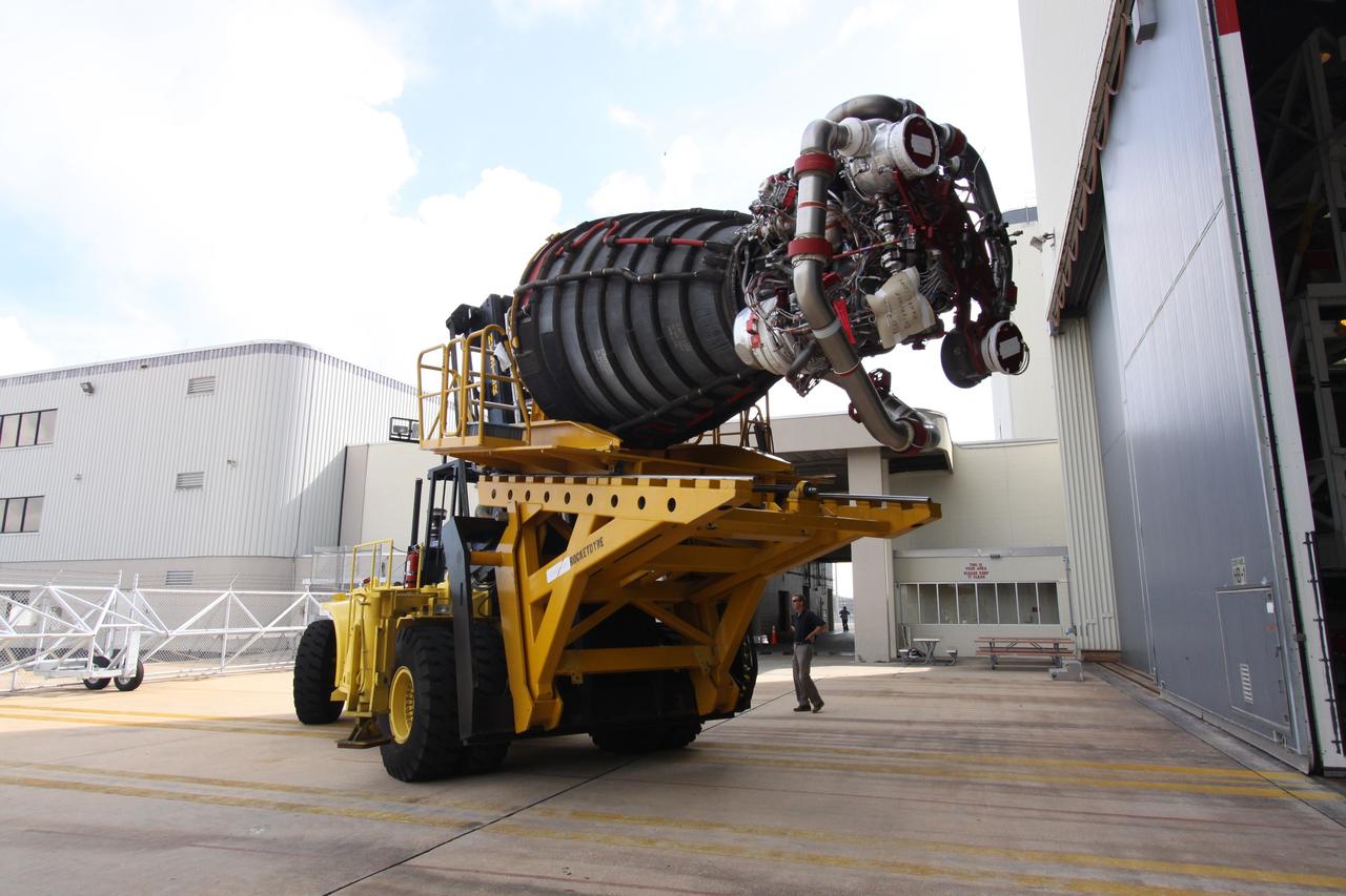 CAPE CANAVERAL, Fla. –At NASA's Kennedy Space Center in Florida, space shuttle Endeavour's main engine no. 1 is moved out of Orbiter Processing Bay 2 after removal from the shuttle. Engine removal is part of the post-landing processing; engine no. 2 was removed Aug. 17. Endeavour returned from the STS-127 mission July 31. Endeavour's next mission is STS-130 targeted for February 2010.  Endeavour will deliver to the International Space Station the Tranquility pressurized module that will provide room for many of the station's life support systems.   Photo credit: NASA/Jack Pfaller