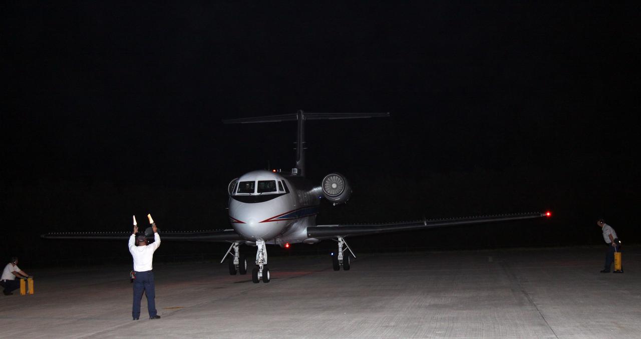 CAPE CANAVERAL, Fla. – At NASA Kennedy Space Center's Shuttle Landing Facility, a Shuttle Training Aircraft is directed for takeoff. STS-128 Commander Rick Sturckow and Pilot Kevin Ford are practicing shuttle landings as preparation for space shuttle Discovery's launch Aug. 25 on the STS-128 mission. The 13-day mission will deliver a new crew member and 33,000 pounds of equipment to the International Space Station. The equipment includes science and storage racks, a freezer to store research samples, a new sleeping compartment and the COLBERT treadmill. Photo credit: NASA/Troy Cryder