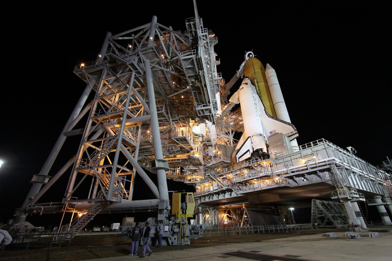 CAPE CANAVERAL, Fla. – On Launch Pad 39A at NASA’s Kennedy Space Center in Florida, technicians in the rotating service structure’s control booth roll the structure from space shuttle Discovery. First motion was at 5:06 a.m. EDT. The rollback is preparation for Discovery’s scheduled 1:36 a.m. EDT liftoff Aug. 25 with a crew of seven. The service structure provides weather protection and access to the space shuttle at the launch pad. The 13-day mission will deliver a new crew member and 33,000 pounds of equipment to the International Space Station. The equipment includes science and storage racks, a freezer to store research samples, a new sleeping compartment and the COLBERT treadmill. STS-128 will be Discovery's 37th mission and the 30th shuttle flight dedicated to station assembly and maintenance. Photo credit: NASA/Troy Cryder