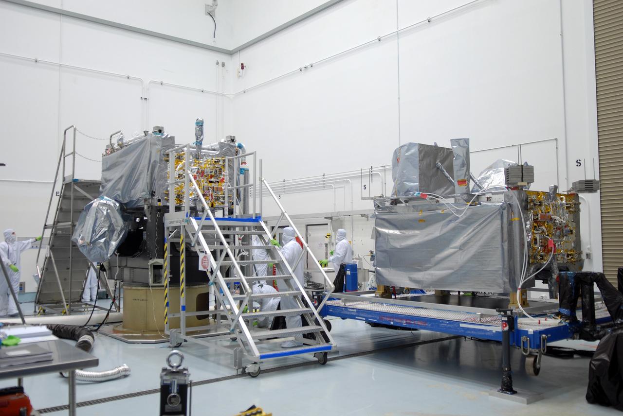 CAPE CANAVERAL, Fla. – At the Astrotech payload processing facility in Titusville, Fla., the SV1 and SV2 spacecraft are ready for mating for launch.  The two spacecraft are part of the Space Tracking and Surveillance System – Demonstrators, or STSS Demo, Program.  STSS-Demo is a space-based sensor component of a layered Ballistic Missile Defense System designed for the overall mission of detecting, tracking and discriminating ballistic missiles.  The spacecraft is capable of tracking objects after boost phase and provides trajectory information to other sensors. It will be launched by NASA for the Missile Defense Agency between 8 and 8:58 a.m. EDT Sept. 18.  Approved for Public Release 09-MDA-04886 (10 SEPT 09) Photo credit: NASA/Jim Grossmann