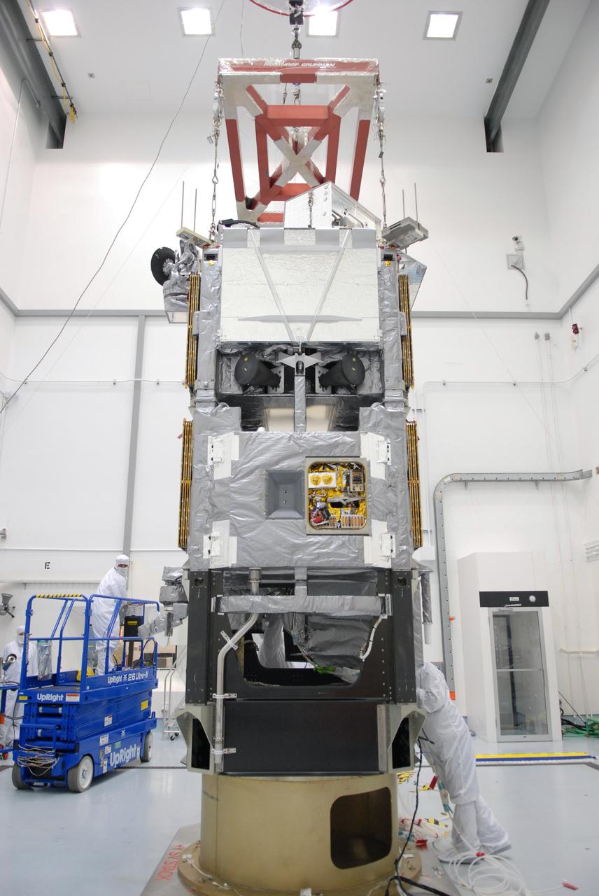 CAPE CANAVERAL, Fla. –  At the Astrotech payload processing facility in Titusville, Fla., the SV1-SV2 spacecraft is ready to be weighed.  The two spacecraft are known as the Space Tracking and Surveillance System – Demonstrators, or STSS Demo, which is a space-based sensor component of a layered Ballistic Missile Defense System designed for the overall mission of detecting, tracking and discriminating ballistic missiles.  STSS is capable of tracking objects after boost phase and provides trajectory information to other sensors. It will be launched by NASA for the Missile Defense Agency between 8 and 8:58 a.m. EDT Sept. 18.  Approved for Public Release 09-MDA-04886 (10 SEPT 09) Photo credit: NASA/Jim Grossmann