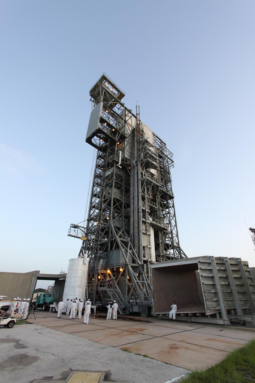 CAPE CANAVERAL, Fla. – The enclosed Space Tracking and Surveillance System – Demonstrators, or STSS-Demo, spacecraft arrives on Cape Canaveral Air Force Station's Launch Pad 17-B. The STSS Demo is a space-based sensor component of a layered Ballistic Missile Defense System designed for the overall mission of detecting, tracking and discriminating ballistic missiles.  STSS is capable of tracking objects after boost phase and provides trajectory information to other sensors. It will be launched by NASA for the Missile Defense Agency between 8 and 8:58 a.m. EDT Sept. 18.  Approved for Public Release 09-MDA-04886 (10 SEPT 09) Photo credit: NASA/Jack Pfaller