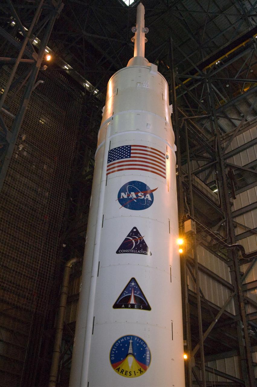 CAPE CANAVERAL, Fla. – In NASA Kennedy Space Center's Vehicle Assembly Building High Bay 3, NASA's Ares I-X rocket undergoes its first power-up.  Part of the Constellation Program, the Ares I-X is the test vehicle for the Ares I, which is the essential core of a space transportation system that eventually will carry crewed missions back to the moon, on to Mars and out into the solar system. The Ares I-X flight test is targeted for  Oct. 31.  Photo credit: NASA/Cory Huston