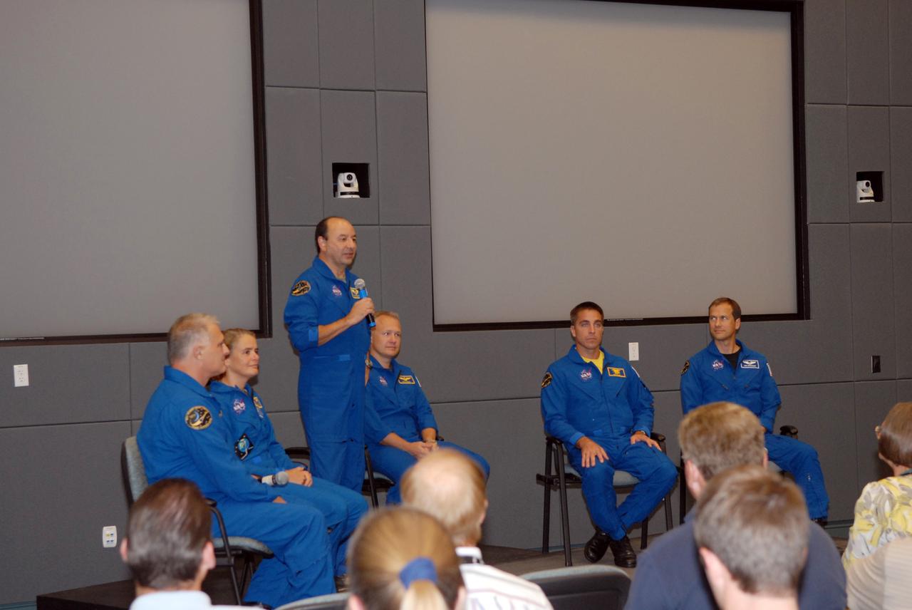 CAPE CANAVERAL, Fla. – Crew members of the STS-127 mission return to NASA's Kennedy Space Center in Florida to share stories, photos and videos of their experiences on the mission.  From left are Mission Specialists Dave Wolf and Julie Payette, Commander Mark Polansky, Pilot Doug Hurley, and Mission Specialists Christopher Cassidy and Tom Marshburn.  The STS-127 mission was the final of three flights dedicated to the assembly of the Japanese Kibo laboratory complex on the International Space Station.  The crew launched on space shuttle Endeavour on July 15 and returned July 31.  Photo credit: NASA/Jim Grossmann